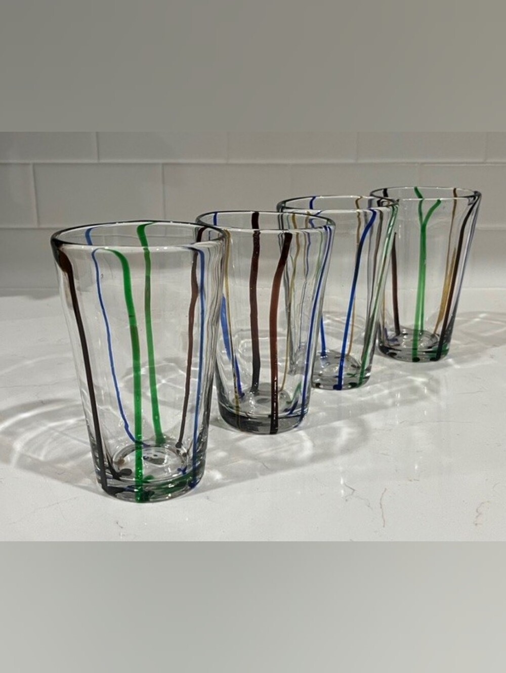 S/4‎ Hand-Blown Italian Style Highball Glasses - Colorful Vertical Cane Stripe
